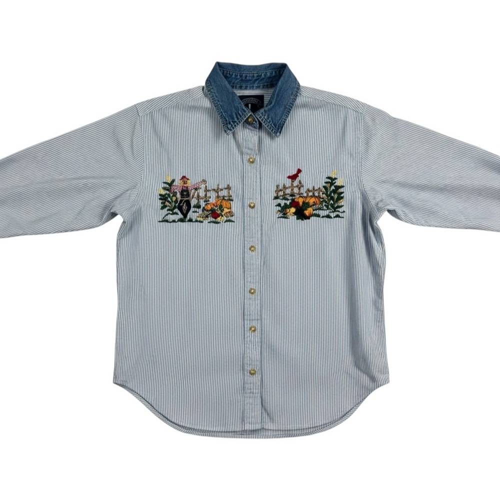 Solutions Petite Button Down Women PS Blue White Stripe Scarecrow Fall